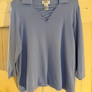 Talbots Women's Cross Lace Neckline Baby Blue Pullover Top 1X